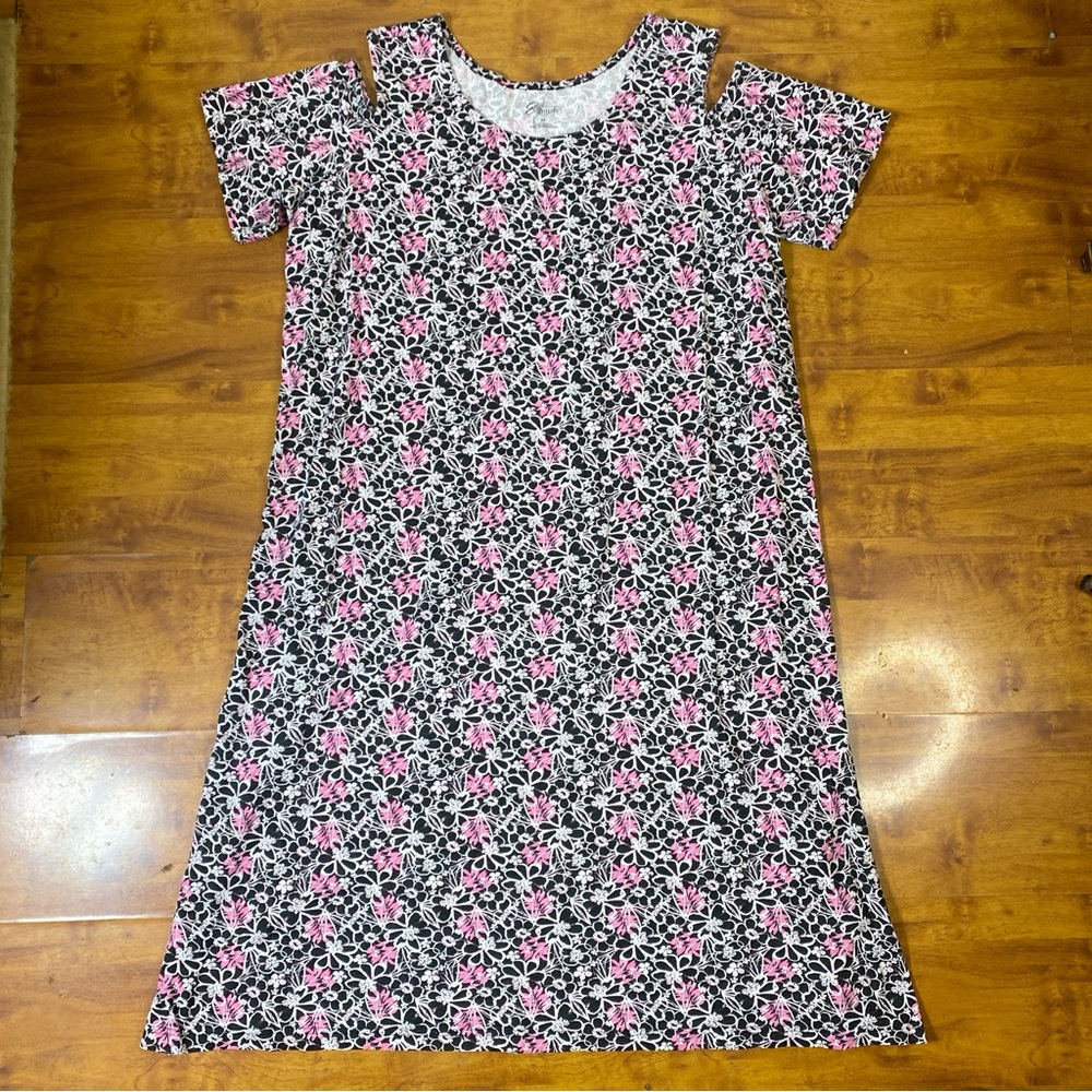 EASY ESSENTIALS Cold Shoulder Floral Print Black Pink White Side Slit Dress 2X